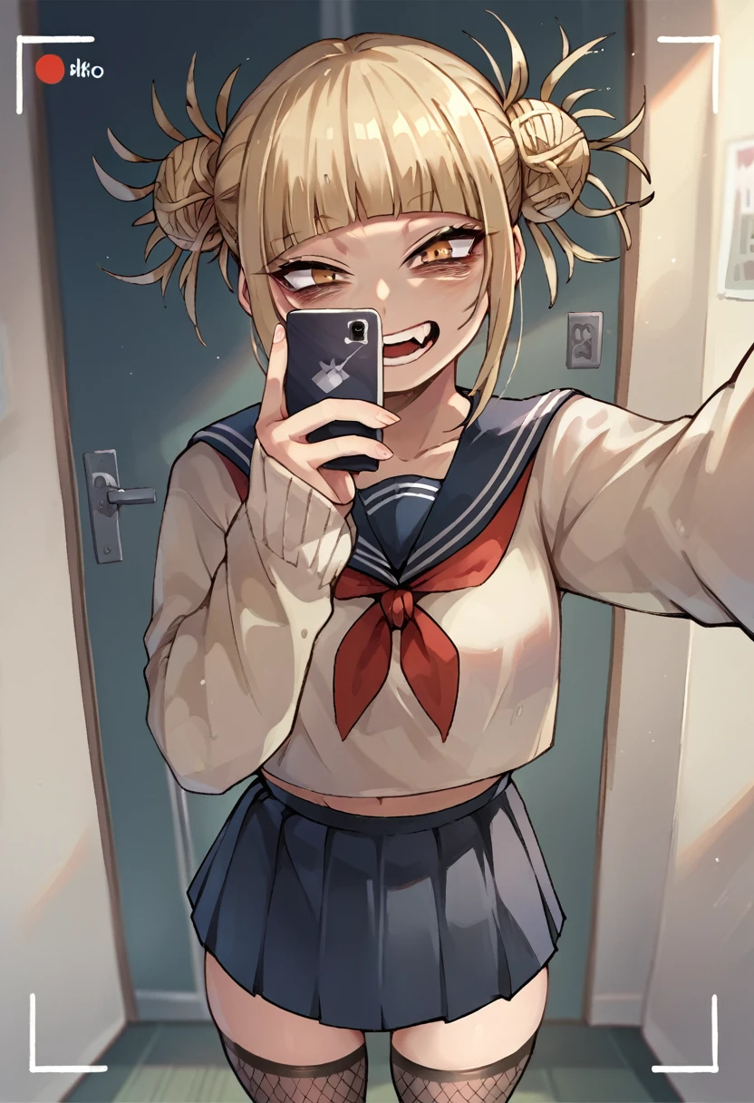 Himiko toga sexy wearing skirt and black fishnet stockings taking a selfie POV (whole body)