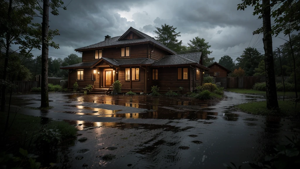 The picture portrays a cozy, two-story house nestled amidst a dense forest. The house features a steeply pitched roof, and it stands out against the backdrop of a heavy rain shower. The scene is set at nighttime, with the sky darkened by rain clouds. The windows of the house emit a warm glow from within, providing a comforting contrast to the cool, blue tones of the rainy environment.

A path leads up to the house, its wet surface reflecting the interior light. The rain is captured mid-fall, creating streaks that enhance the overall atmosphere of the downpour. Despite the storm outside, the image conveys a sense of solitude and shelter—a refuge from the elements.

Feel free to ask if you’d like more information or if there’s anything else I can assist you with!  , photo taken with a professional dslr camera and 50mm lens, cold color tone --aspect ratio 16:9 --v6.0