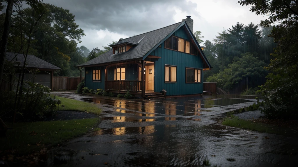 The picture portrays a cozy, two-story house nestled amidst a dense forest. The house features a steeply pitched roof, and it stands out against the backdrop of a heavy rain shower. The scene is set at nighttime, with the sky darkened by rain clouds. The windows of the house emit a warm glow from within, providing a comforting contrast to the cool, blue tones of the rainy environment.
A path leads up to the house, its wet surface reflecting the interior light. The rain is captured mid-fall, creating streaks that enhance the overall atmosphere of the downpour. Despite the storm outside, the image conveys a sense of solitude and shelter—a refuge from the elements.
Feel free to ask if you’d like more information or if there’s anything else I can assist you with! , photo taken with a professional dslr camera and 50mm lens, cold color tone --aspect ratio 16:9 --v6.0