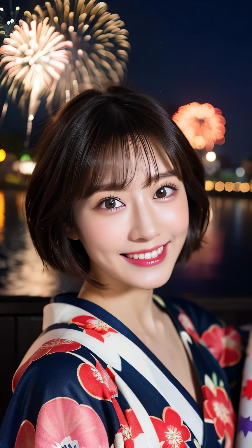 (8K、RAW Photosgraphy、Highest quality、masterpiece:1.2)、(Realistic、Photorealistic:1.37)、Ultra-high resolution、One Girl、cute、solo、night、Sitting、date、(Nose redness)、(Laughter:1.1)、(Closed)、huge 、Beautiful Eyes、(short hair:1.2)、(((Fireworks bursting into the sky、night)))、(((kimono、yukata)))、Cleavage、Perfect body、Perfect Fingers、Professional Lighting、Japanese Goddess、gravure、Detailed face and skin texture、Detailed eyes、RAW Photos