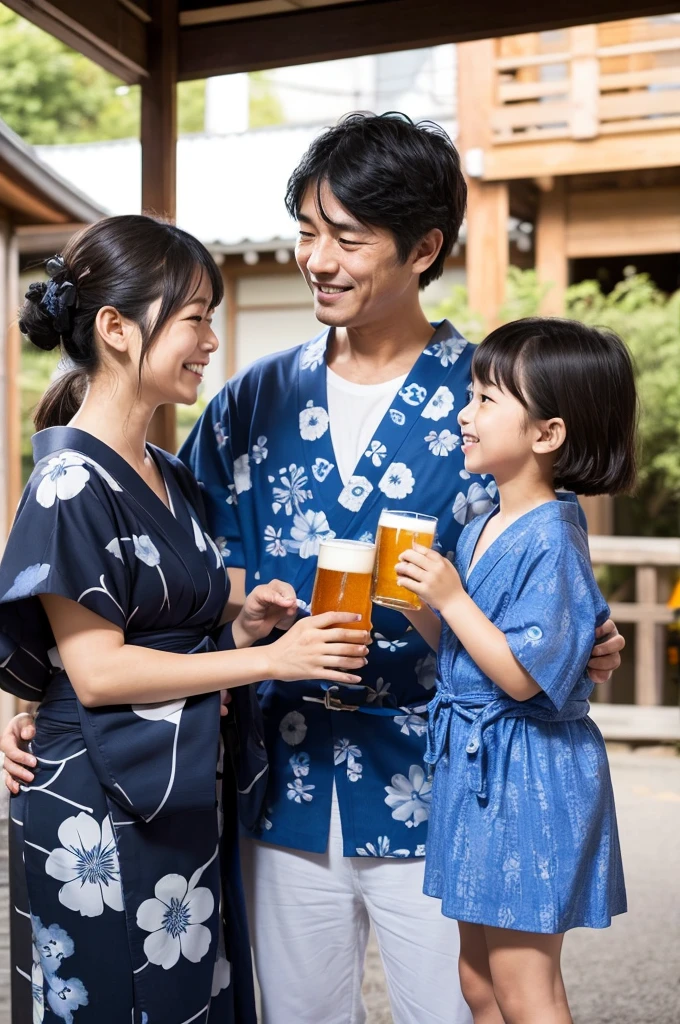 family、Parent and 、Wear a yukata、girl、cute、Japanese、Black Hair、beer in hand