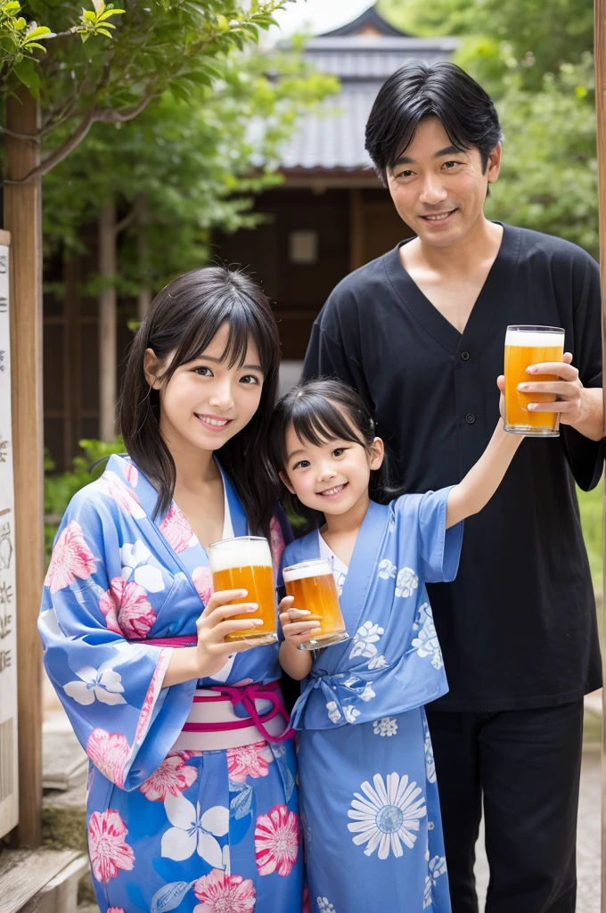 family、Parent and 、Wear a yukata、girl、cute、Japanese、Black Hair、beer in hand