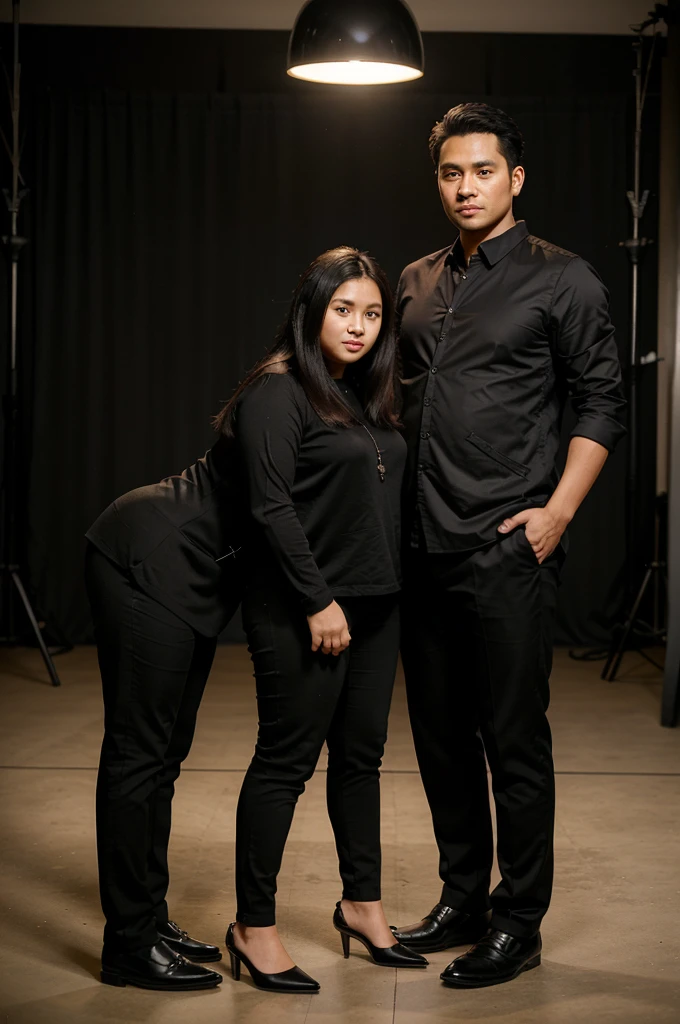 Photos of Indonesian couples, black suits, long black pants, black shoes.
The 30-year-old husband has neat bucczut hair and the 28-year-old wife has beautiful hair, a little chubby.
romantic standing position.
The background of the studio photo is bright, the lighting is very good