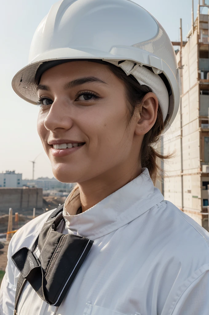 ((Best Quality)), ((Masterpiece)), (detailed), photography of civil construction professional, wearing white helmet without logo, looking in profile at the horizon with a smile, in a construction environment, Well defined face, natural and well defined eyes, don&#39;t let your hands be seen, ultra realistic age between 35 to 40 years, half body image 