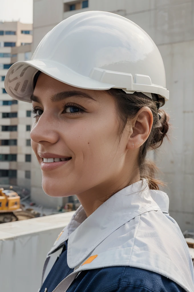 ((Best Quality)), ((Masterpiece)), (detailed), photography of civil construction professional, wearing white helmet without logo, looking in profile at the horizon with a smile, in a construction environment, Well defined face, natural and well defined eyes, don't let your hands be seen, ultra realistic age between 35 to 40 years, half body image