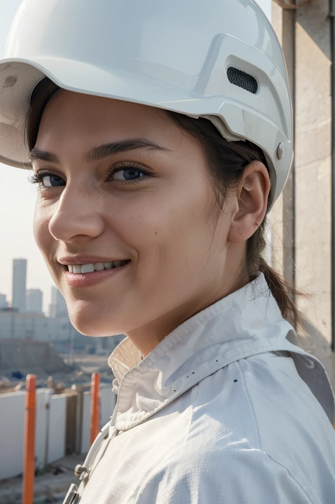 ((Best Quality)), ((Masterpiece)), (detailed), photography of civil construction professional, wearing white helmet without logo, looking in profile at the horizon with a smile, in a construction environment, Well defined face, natural and well defined eyes, don&#39;t let your hands be seen, ultra realistic age between 35 to 40 years, half body image 