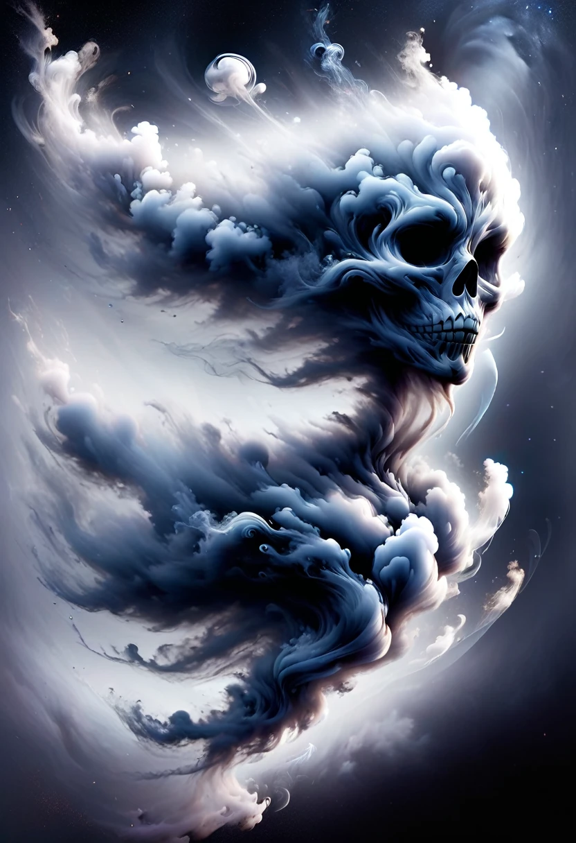 Smoky art, skull face, smoke face skull, dark gray silhouette of a skull face that floats in the space between top and bottom and represents a smooth transition between a white background and a smoky silhouette of a skull from the front, the gray smoke goes down and forms a silhouette of a skull from the front, gray smoke in the shape of a silhouette of a skull from the front connects the top and the bottom, smoky psychedelic art, winner of the international smoke painting competition