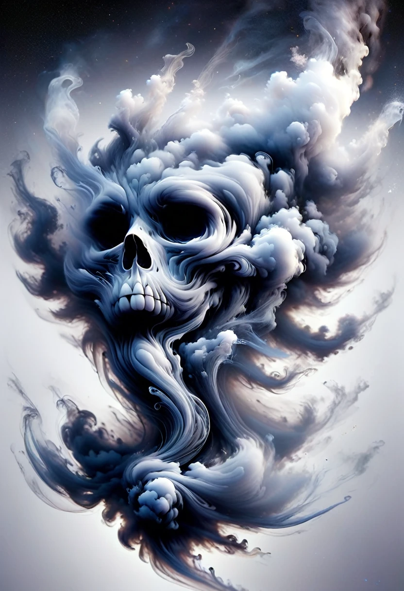 Smoky art, skull face, smoke face skull, dark gray silhouette of a skull face that floats in the space between top and bottom and represents a smooth transition between a white background and a smoky silhouette of a skull from the front, the gray smoke goes down and forms a silhouette of a skull from the front, gray smoke in the shape of a silhouette of a skull from the front connects the top and the bottom, smoky psychedelic art, winner of the international smoke painting competition