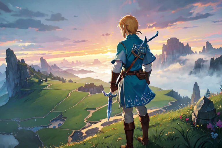 Impressionism,Rainerism,The Legend of Zelda, Hero Link with the Master Sword in hand、A scene looking out over the land of Hyrule。In the background is a vast grassland and Death Mountain in the distance.、There&#39;s a bright light in the sky。Link looks brave.、Confident。