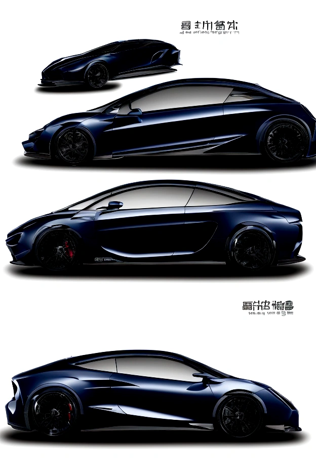 You are a top professional designer.。 this time、I decided to design a new car.。 The following are the conditions。 ・Only one car ・Write in large letters　- Sedan - Body color is navy blue、Black. Even the wheels are delicate.、Beautifully drawn。 ・ Front、side、Writing the back part separately。
