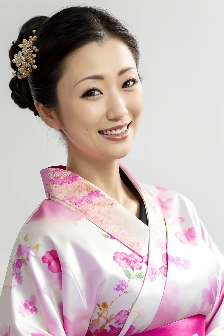 (Highest quality、Tabletop、8K、Best image quality、Award-winning works)、(一人のbeautiful成熟した女性:1.1)、Adult face、(Innkeeper:1.1)、(A gorgeous pink kimono with a gorgeous floral pattern:1.3)、(A kimono with a perfect and precise collar:1.2)、Perfect mature woman portrait photo、Glowing Skin、Standing Elegantly、(The simplest pure white background:1.4)、(Strongly blurred background:1.2)、Glowing Skin、とてもbeautiful肌、(Accentuate your body lines:1.1)、(The most graceful posture:1.2)、(Large Breasts:1.2)、(Voluptuous body:1.3)、A perfect smile、完璧なbeautiful光沢のある唇、(Accurate anatomy:1.2)、(A perfect and elegant outfit:1.1)、(Standing with good posture:1.1)、(beautiful, Elegant and high-quality patterned kimono:1.2)、、(完璧で自然なbeautiful袖:1.2)、(完璧で自然なbeautiful首輪:1.2)、(完璧で自然なbeautiful袖:1.2)、(Elegant and high-quality patterned kimono帯:1.4)、(The perfect wide belt:1.2)、(完璧で自然なbeautiful着物帯:1.1)、(Hair Bun:1.3)、(Face close-up:1.4)、(Look at me and smile:1.2)