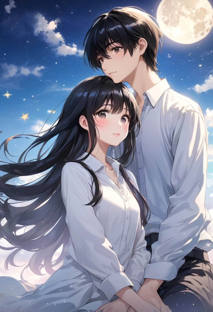 Couple, There are only two people, A beautiful woman with long hair wearing a white shirt, cute anime-style face, realistic anime girl, Chisato, black hair with bangs, Kurumi, cute and delicate face, young cute pale Asian face, Sakimichan, midday moon and stars in the sky, Realistic anime boy, A handsome boy in a white shirt, girl sitting in boy's arms, Smiling at the camera Look at each other