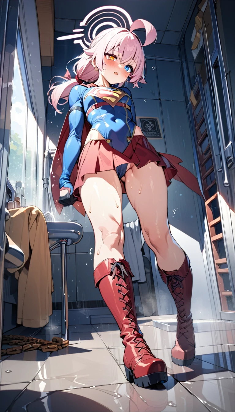 (full body), (masterpiece:1.2), (Highest_quality:1.2), (Ultra_detailed:1.3), 8K, Low - Angle，From below， 1 Girl，alone，大きなButtの女の子, red knee high long boots，wearing spcc costume with cape，( Supergirl), Blue leotard，Red mini skirt，Red Cape，gloves，hoshino-ponytail,hoshino \(blue archive\), heterochromia,medium hair,ponytail,pink hair,ahoge,Halation,(Browsing Caution,Heart-shaped pupils,Masturbation，Masturbation，Man muscle，Groin, Butt,Sweat,Climax，To convulsions，wrists tied with chains)，Shower room，