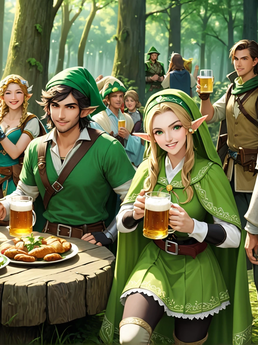 Still image in realistic art style，(link:1.5)，A group of happy The Legend of Zelda characters, (Male and female)Wearing various The Legend of Zelda game culture costumes，They hold beer mugs，Gathering in an ancient forest，There is food and drinks，Celebrate St. Patrick&#39;s Day，Shamrock，Perfect hands，Shooting from above，at night，Shallow depth of field，Vignette，Highly detailed，High Budget，Bokeh，Widescreen，Moody，epic，gorgeous，Film Grain，Graininess