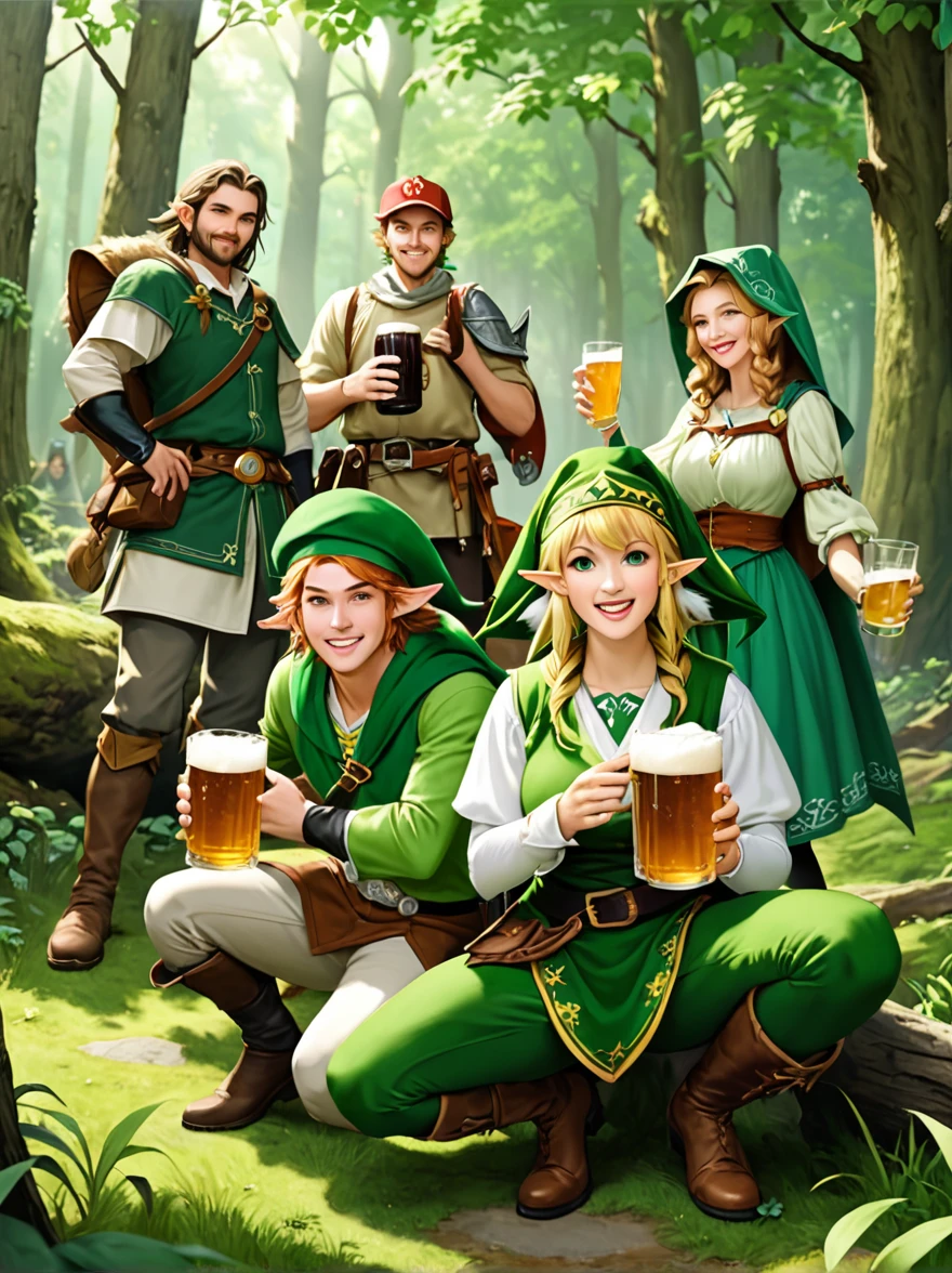 Still image in realistic art style，(link:1.5)，A group of happy The Legend of Zelda characters, (Male and female)Wearing various The Legend of Zelda game culture costumes，They hold beer mugs，Gathering in an ancient forest，There is food and drinks，Celebrate St. Patrick&#39;s Day，Shamrock，Perfect hands，Shooting from above，at night，Shallow depth of field，Vignette，Highly detailed，High Budget，Bokeh，Widescreen，Moody，epic，gorgeous，Film Grain，Graininess