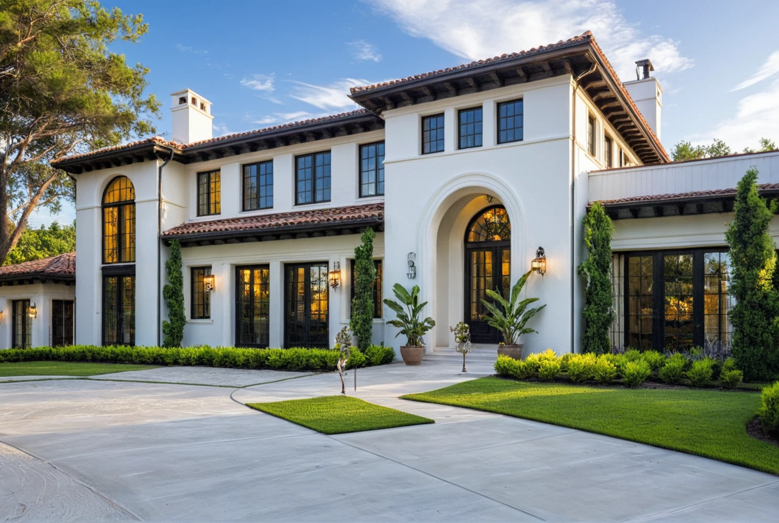 (RAW photo, masterpiece, best quality,ultra-detailed, extremely delicate and beautiful, highresolution, best shadow:1.1), A Mediterranean Italian style home with white stucco walls, black accents and windows, large front yard, vivid color, beautiful shrubs and flower, tropical tree and plants, professional photography in the style of an Italian classic home.
