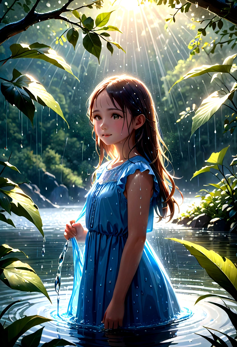 A spirit of water, water taking the form of a young girl, large raindrops pouring down, light reflecting, shafts of light, fantastical atmosphere, joyful, on a lake, (best quality,4k,8k,highres,masterpiece:1.2),ultra-detailed,(realistic,photorealistic,photo-realistic:1.37),HDR,UHD,studio lighting,ultra-fine painting,sharp focus,physically-based rendering,extreme detail description,professional,vivid colors,bokeh,digital painting,surreal,fantasy,magical realism