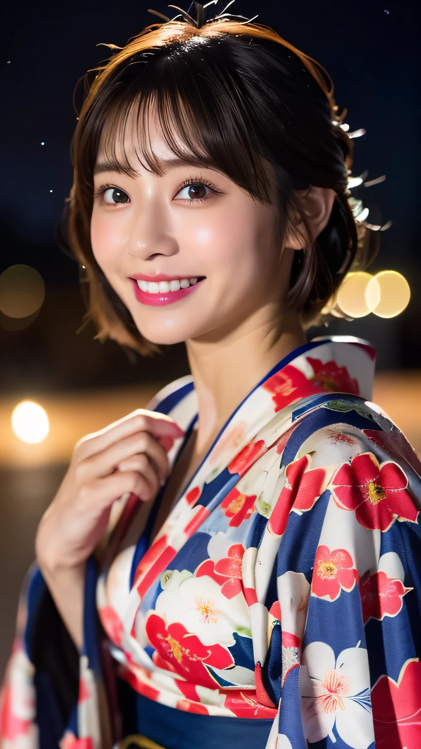 (8K、RAW Photosgraphy、Highest quality、masterpiece:1.2)、(Realistic、Photorealistic:1.37)、Ultra-high resolution、One Girl、cute、solo、night、Sitting、date、(Nose redness)、(Laughter:1.1)、(Closed)、huge 、Beautiful Eyes、(short hair:1.2)、(((Fireworks bursting into the sky、night)))、(((kimono、yukata)))、Cleavage、Perfect body、Perfect Fingers、Professional Lighting、Japanese Goddess、gravure、Detailed face and skin texture、Detailed eyes、RAW Photos