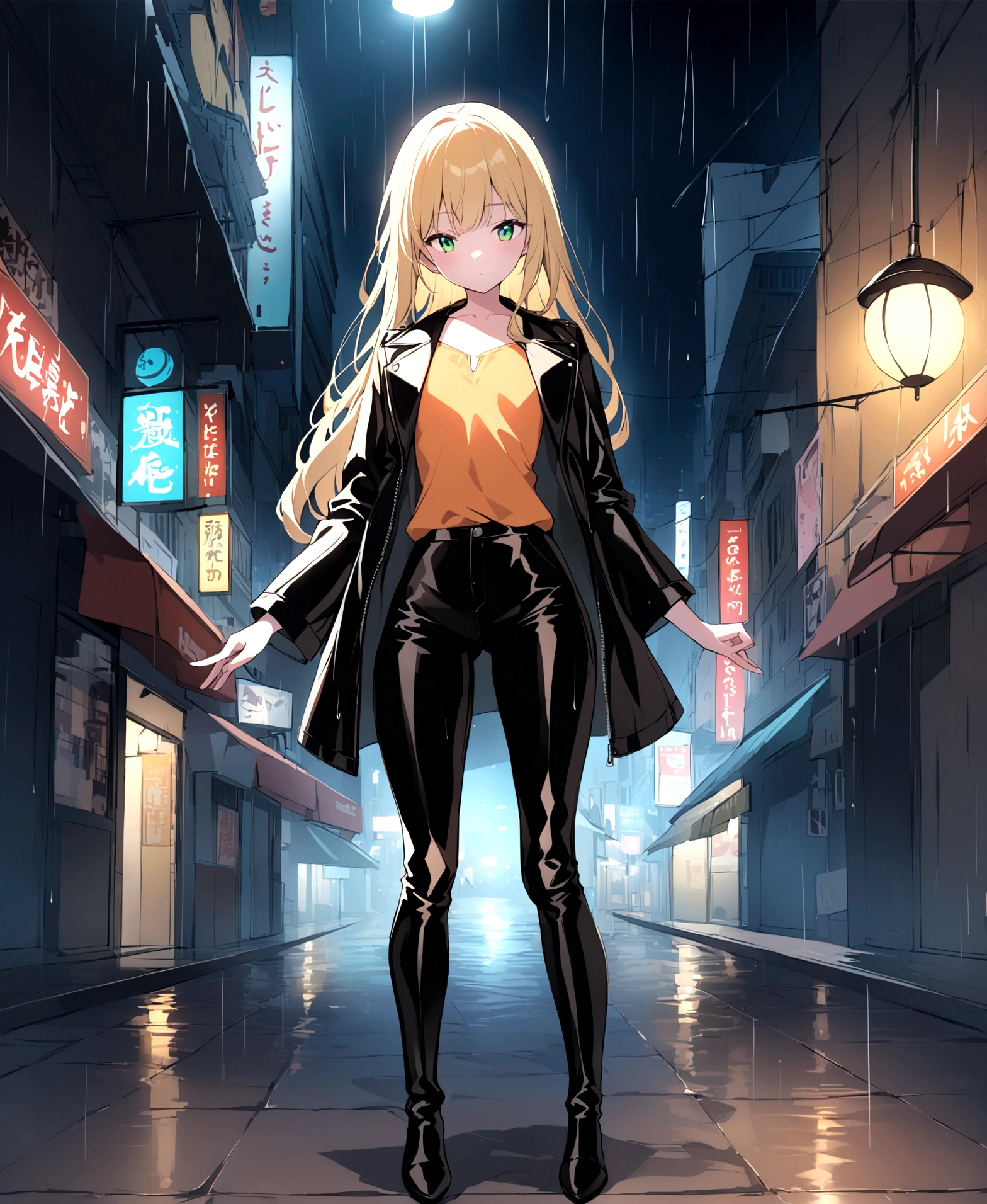 a beautiful girl, with long blonde hair, who wears black glasses, with wide hips, narrow waist, flat chest, pretty face, with green eyes, 18 years, perfect and glowing skin, wearing flared leather pants and a leather jacket, with an orange blouse, full body, That he is in a city at night and in the rain.
