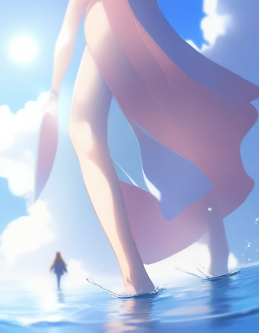 ((Highest quality、、masterpiece:1.3)), Upper Body、Long legs、Sharp focus:1.2, Beautiful woman with perfect figure:1.4、Big Breasts, (Smiling:1.2), double eyelid、30-year-old female、Sexy pose、((((Close your mouth、One Woman、Walking on the surface of the water:1.5))))、Blue Eyes,