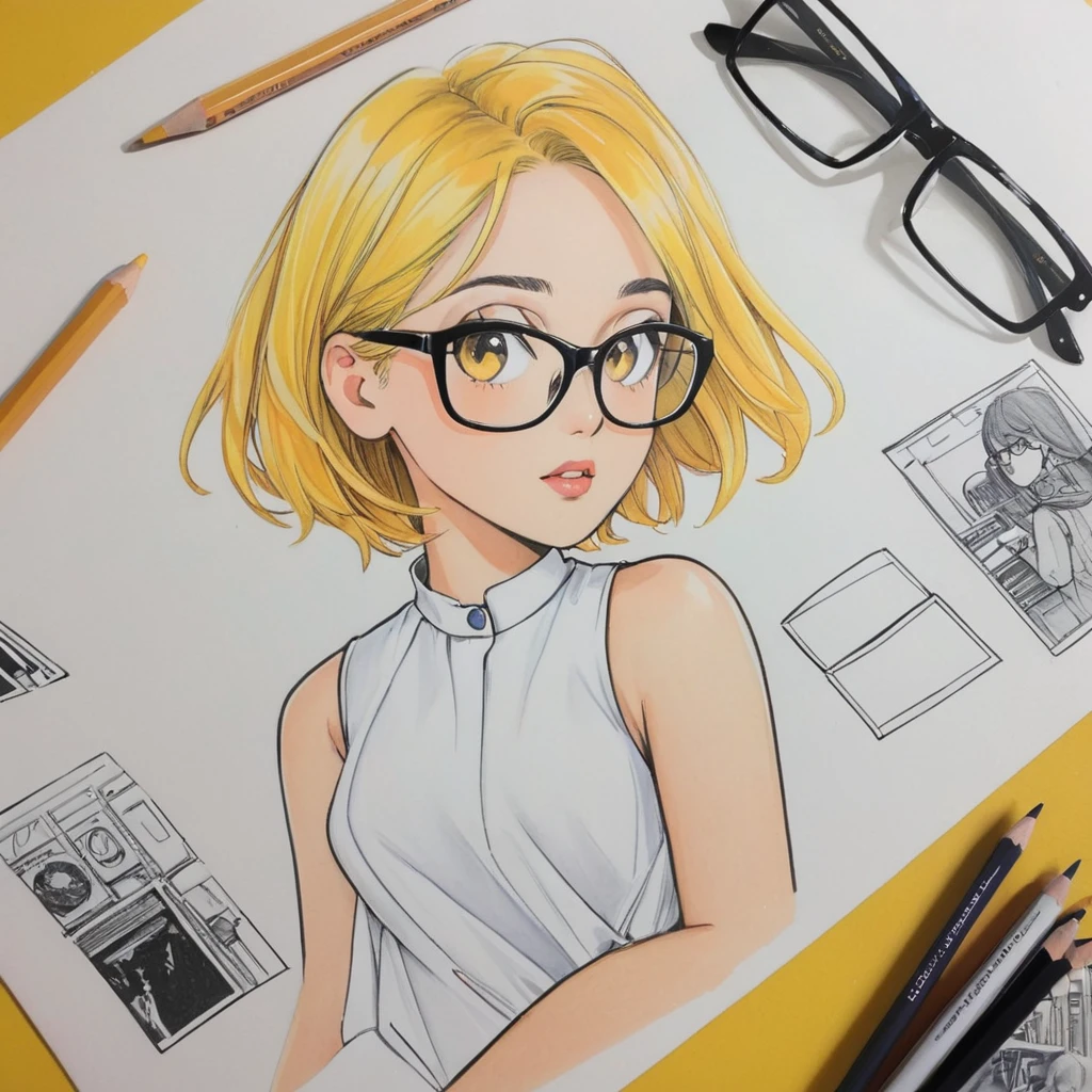 female,dress,white,Art,ad,colour pencil drawing,draft drawing ,comic collage,illustration,Black hair and yellow hair,Wearing glasses,short hair