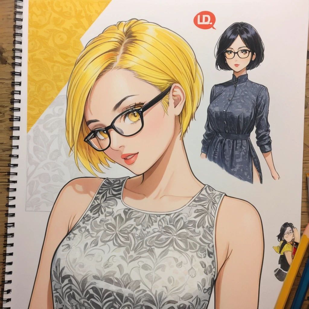  female，dress，white，Art，ad，colour pencil drawing，draft drawing ，comic collage，illustration，Black hair and yellow hair，Wearing glasses，short hair