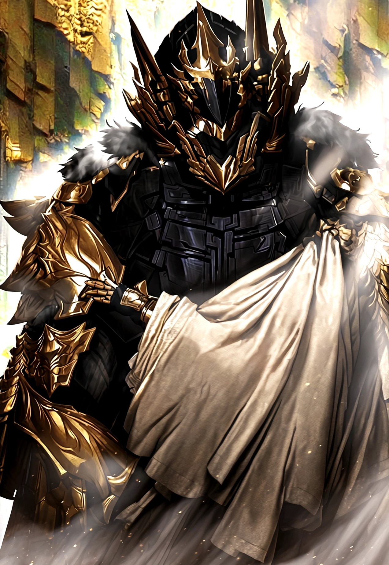  muscle, Facial expressions, ชุดarmorอัศวินสีดํา , black fur shawl(Masterpiece,best quality,special, (Broad shoulders)) (muscle), warm sunlight，valley，Thick fog,soft light，handsome man，armor,warm sunlight，valley，Thick fog,soft light，handsome man，armor