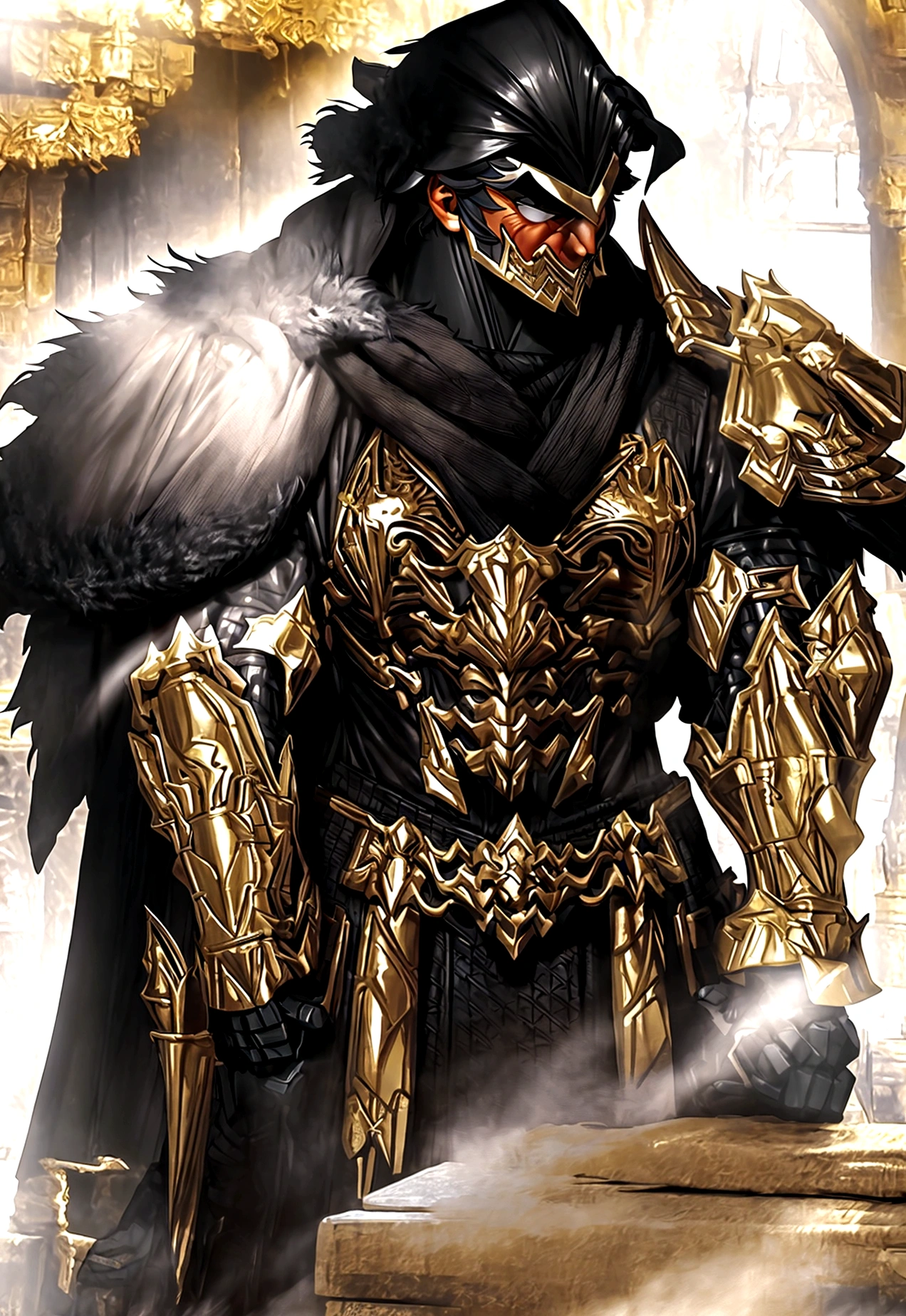 muscle, Facial expressions, ชุดarmorอัศวินสีดํา , black fur shawl(Masterpiece,best quality,special, (Broad shoulders)) (muscle), warm sunlight,valley,Thick fog,soft light,handsome man,armor,warm sunlight,valley,Thick fog,soft light,handsome man,armor