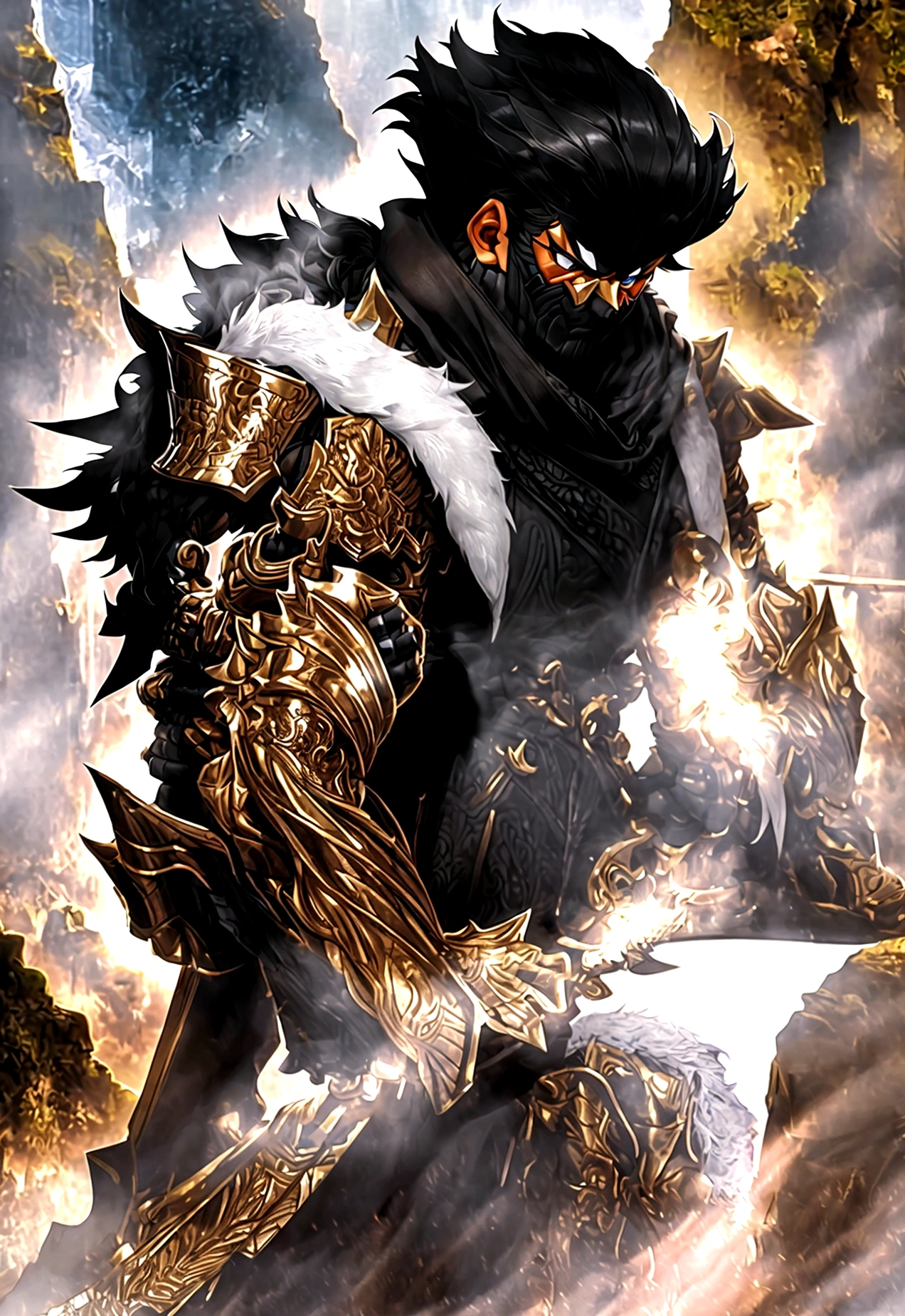 muscle, Facial expressions, ชุดarmorอัศวินสีดํา , black fur shawl(Masterpiece,best quality,special, (Broad shoulders)) (muscle), warm sunlight,valley,Thick fog,soft light,handsome man,armor,warm sunlight,valley,Thick fog,soft light,handsome man,armor