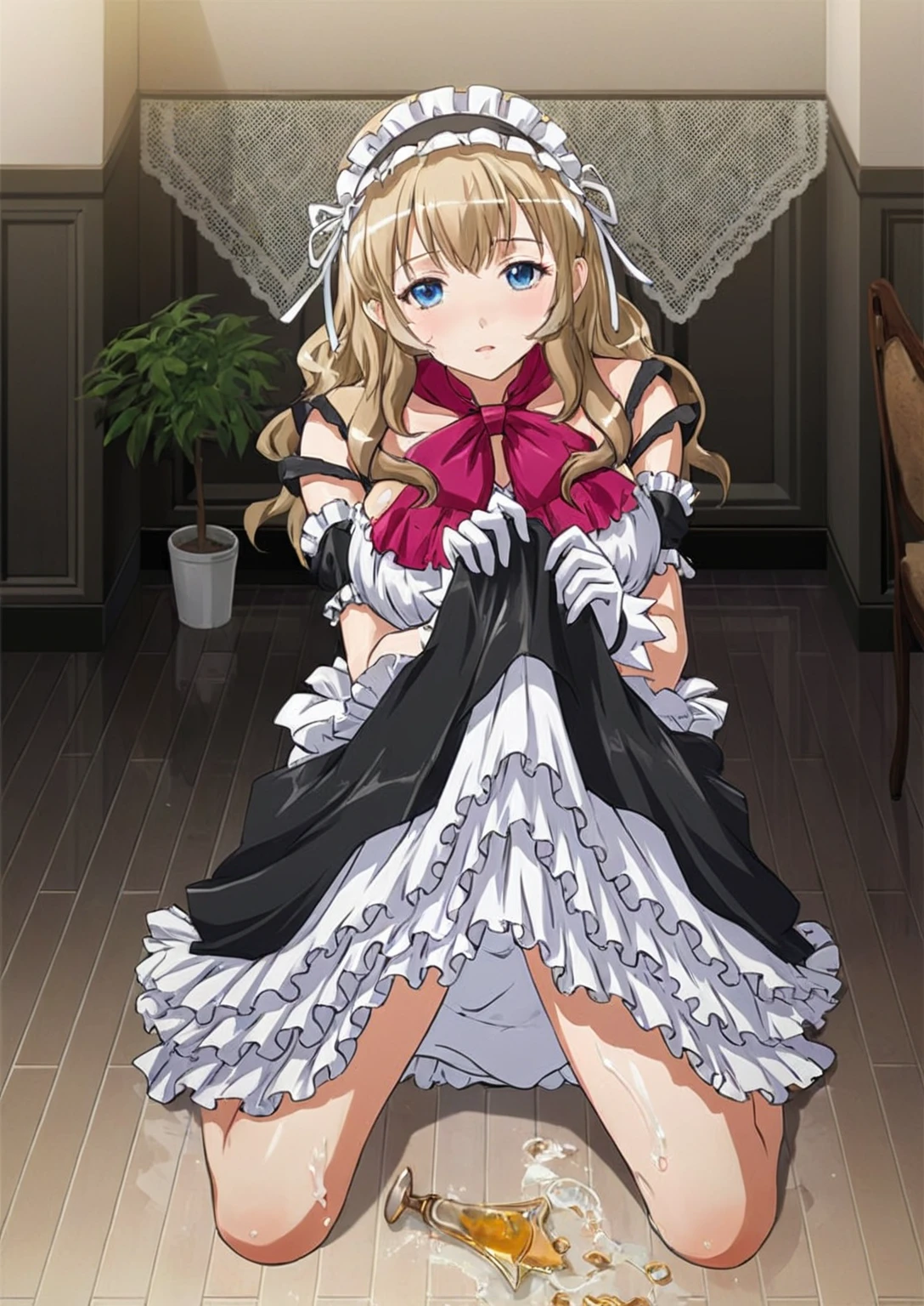 anime girl in Maid clothes sitting on floor with broken glass, , Maid clothesを着たアニメの女の子, Gorgeous maid, Maid clothesを着たアニメの猫娘, Maid clothes, , Maid clothes, My Dress Up Darling Anime, Splash art anime , Cute anime waifu in a nice dress, Anime maid riding an early tank,Blonde hair, forehead bangs, braided short hair, blue eyes, small breasts, angled above waist,