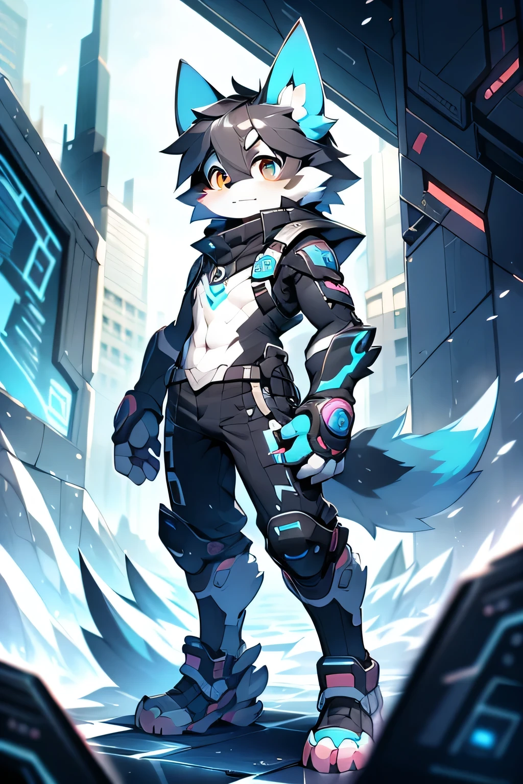 Furry Bernese mountain dog, forelimb, Legs, Standing Shota boy, Overall whitehead, Arms, Body and legs，Blue-black pattern all over，pink flesh pads, eyes and pupils blue, Furry, No clothing, Two ears，Mechanical nanoskin
