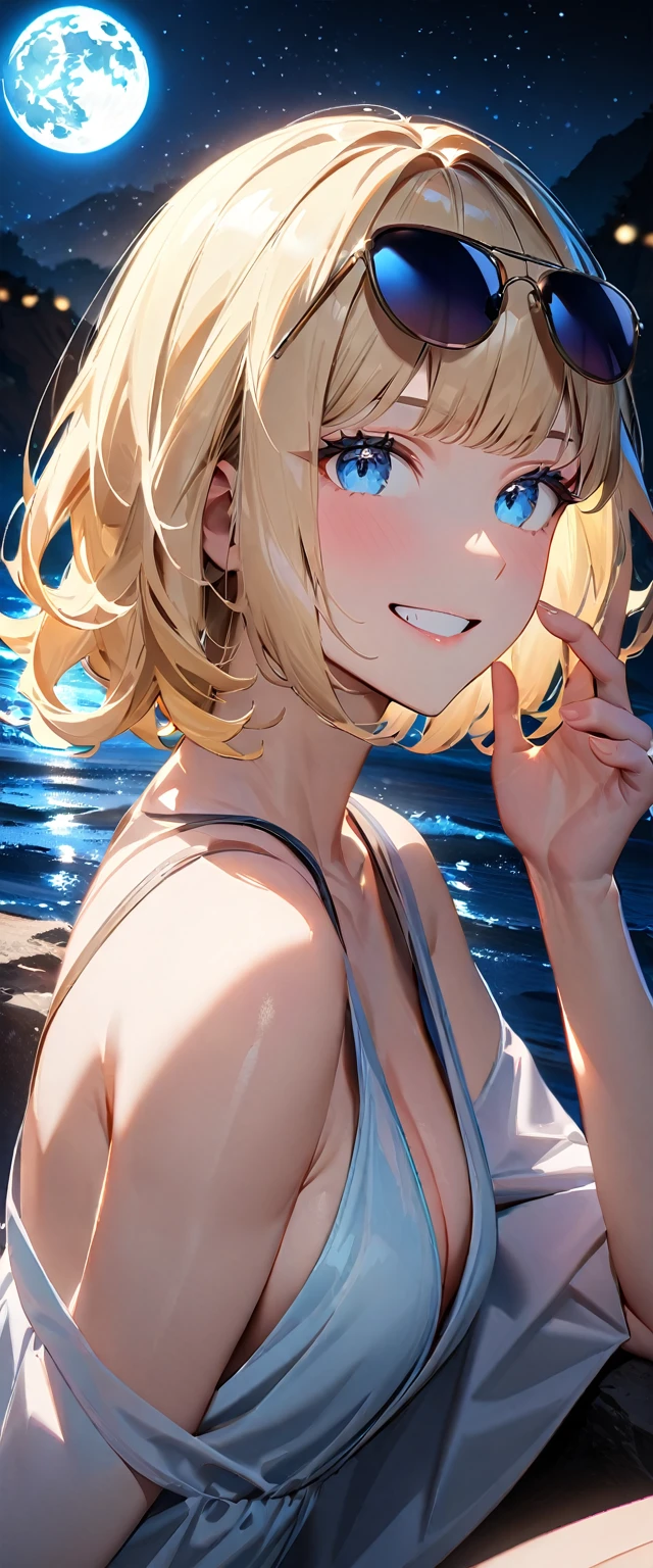 ((grin)), ((plunging neckline dress:1.3)), ((sundress)), ((off shoulders, Quite thick shoulder straps)), ((blond hair, bob cut:1.3)), ((sunglasses, hand to sunglasses)), (((from side))), ((((upper body)))), bare legs, (((A night sky stretching under a full moon, stars shining and reflecting on the sea surface))), ((sitting on the very high cliff)), wavy hair, inward curled hair, ((sea, nature)), breasts, teenager, (looking at viewer), collarbone, head tilt:1.3, (((blue eyes))), happy smile, (((anime style))), (best quality, 4K, 8K, highres, masterpiece:1.2, ultra-detailed, ultra-detailed eyes, HDR, uhd, studio lighting, ultra-fine painting, sharp focus, physically-based rendering, extreme detail description, professional, vivid colors, bokeh)