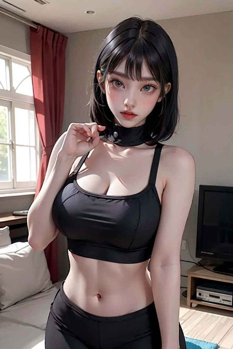 Cleavage, Protruding areola, ((Realistic Light, Highest quality, 8K, masterpiece :1.0)), One Girl, Perfect body型の美しい女性, Abdominal muscles :1.1, (Straight black short hair with bangs, Large Breasts :1), (Very short yoga pants) ,Highly detailed face, Perfect hands、Perfect Fingers、Perfect breasts、Perfect Hair、Perfect Face、Perfect body、Perfect composition, Unwind at home, living room, Mansion, Expensive house, Big expensive TV, Expensive sofa, Detailed Background, Ray Tracing, Unreal Engine, Highest resolution hyperrealism,Model-like style