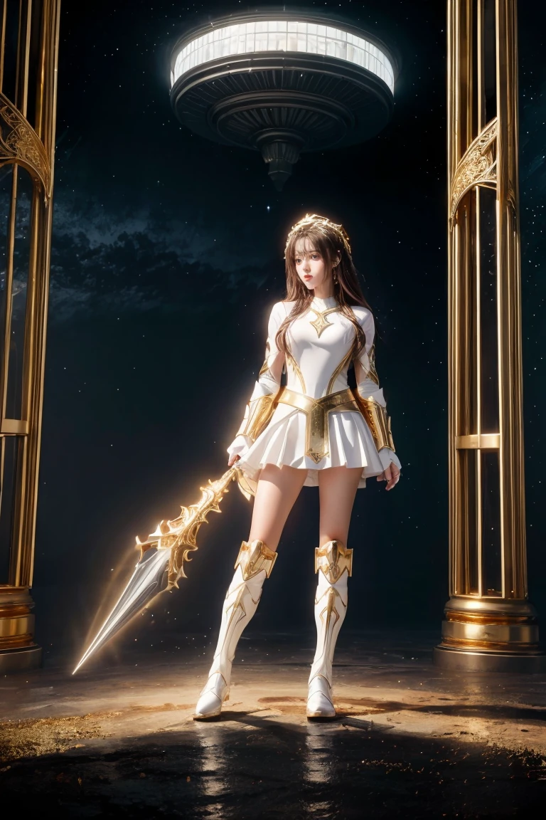 ((masterpiece, best quality, extremely detailed), volumetric lighting, ambient occlusion, colorful, glowing), 1girl, solo, young girl, (dark hair), long hair, halo, aura, sacred, goddess, cleric suit, (white outfit with gold detailst:1.3), armor, outdoors, sunset, sky, clouds, space, (fantasy theme:1.2), full body armor