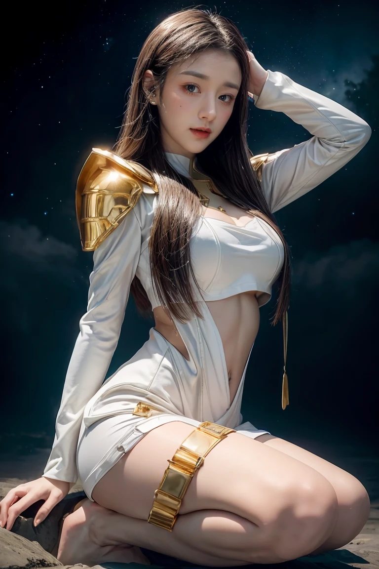 ((masterpiece, best quality, extremely detailed), volumetric lighting, ambient occlusion, colorful, glowing), 1girl, solo, young girl, (dark hair), long hair, halo, aura, sacred, goddess, cleric suit, (white outfit with gold detailst:1.3), armor, outdoors, sunset, sky, clouds, space, (fantasy theme:1.2), full body armor