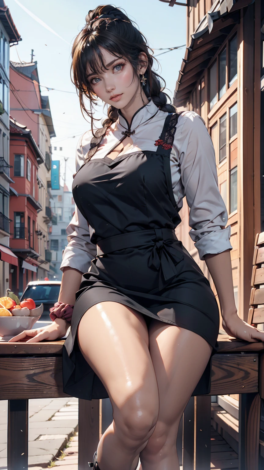 One girl,foot,a girl at building,(((building))), Braided bangs,Braided Ponytail,(alone:1.2),apron,Thick thighs,Side tie panties, Black Hair, ,View your viewers, sunlight,A sexy Chinese dress decorated with sheer lace、No sleeve、Deep thigh slit、Exposed thighs、Stiletto heels、Sexy、Sexy proportions、A seductive smile、Scrunchies on the wrist