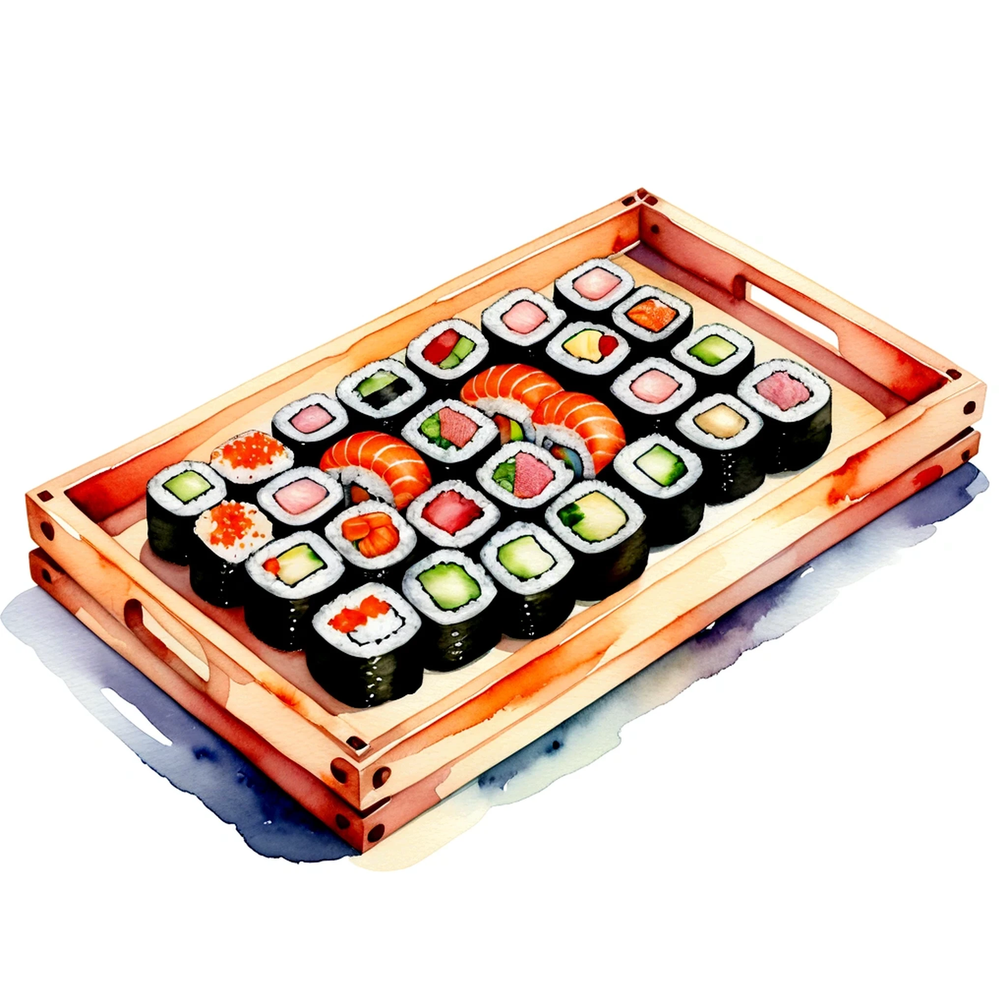here are many different type delicious sushi, served in a wooden tray, the tray is full, illustration, isolated with solid white background, surrounded with negative space, centered compositon, 8k, highly detailed painting, very precise painting, Isolated, clear brilliant white background, perspective angle of view, vector clipart, washed out color ((lora:add-detail-xl:1)), (watercolor), clipart style