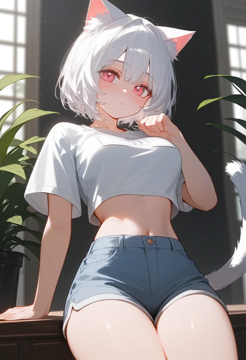 (score_9,score_8_consolation,score_7_consolation),1 woman,cat girl,white hair,pink eyes eyes,cat ears,cat tail ,beautiful_face,medium sized breasts, medium sized hips, attractive body, Short sleeves that reveal the waist line, Short sleeves that expose the stomach, exposed thighs, short pants, 16-year-old girl, deep blush, 살짝 웃는 face, snood, 