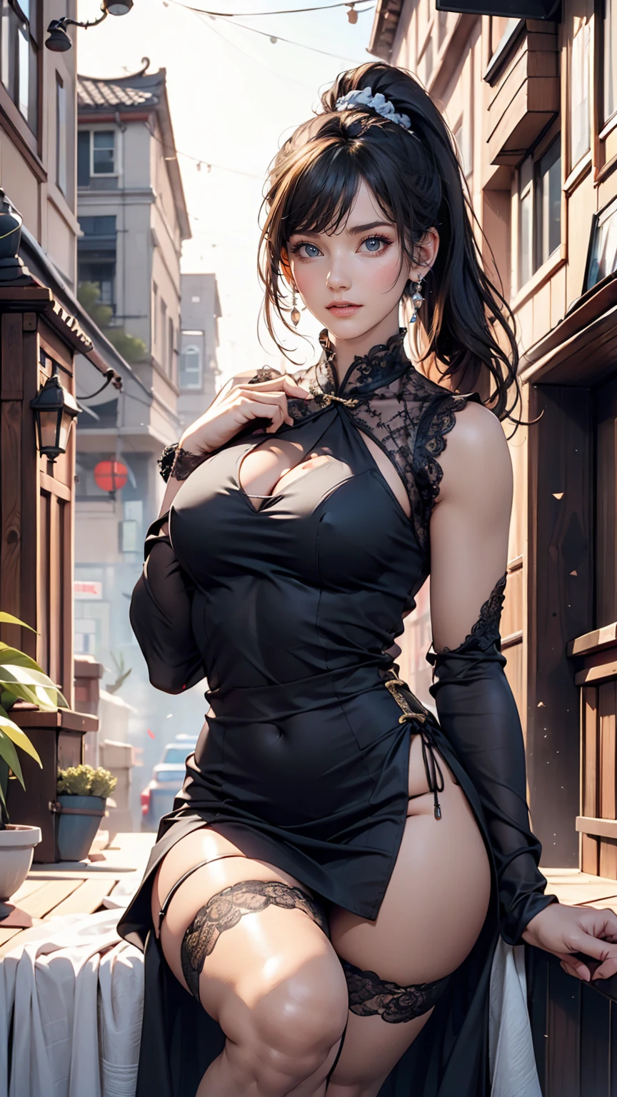 One girl,foot,a girl at building,(((building))), Braided bangs,Braided Ponytail,(alone:1.2),Side tie panties, Black Hair, ,View your viewers, sunlight,A sexy Chinese dress decorated with sheer lace、No sleeve、Deep thigh slit、Exposed thighs、Stiletto heels、Sexy、Sexy proportions、A seductive smile、Scrunchies on the wrist