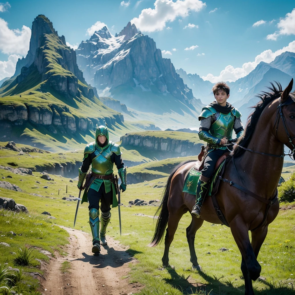 Create an image of a young man wearing green and lime green armor, equipped with a large sword and determinedly heading towards monster hunting. Capture the bravery and adventurous spirit of a protagonist type, with rugged terrain and looming shadows of mythical creatures in the background, adding a sense of danger and excitement.