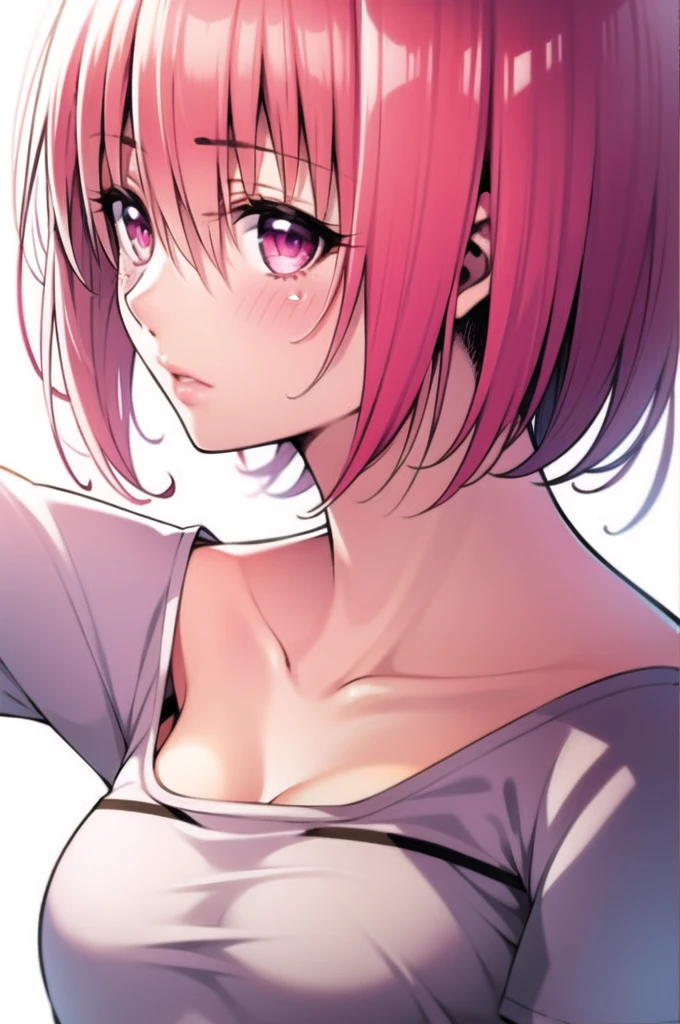 One girl, alone, clavicle, hair ornaments, Momo Belia Deviluke, Pink Hair, chest, medium chest, Upper Body, View your viewers, White Background, blush, Simple Background, short hair, Eyebrows visible through hair, bangs, Frills, Hair Flowers, Short sleeve, Pink Eyes, ribbon