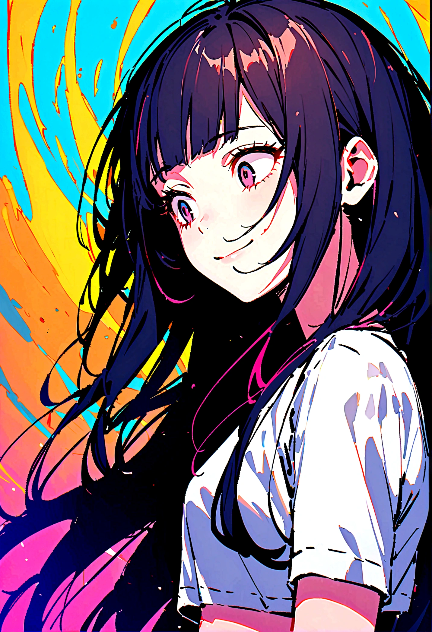 A young woman,3/4 view,eyes squinted with an aura of madness, looking down, smiling evily,long hair,long eyelashes, tilting her head,wears a crop top,black hair, crazy yandere expression,has bangs 