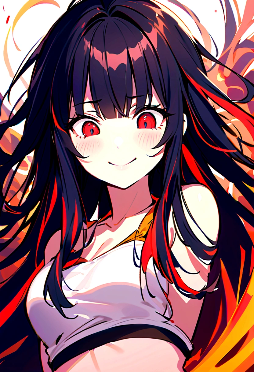 A young woman,3/4 view,eyes squinted with an aura of madness, looking down, smiling evily,long hair,long eyelashes, tilting her head,wears a crop top,black hair, crazy yandere expression,has bangs 