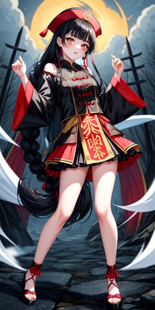 lora:flat:-1.2, masterpiece, best quality, 4k, 8k, 1 woman, solo, tall stature, long hair, blunt bangs, side braid, black hair, ugly face, bad face, bad eyes, droopy eyes, unclear eyes, ruby red eyes, lemon yellow eyes, pale skin, black eyeliner, black eye shadow, heterochromia, slender frame, sad, ofuda, jiangshi costume:1.2, fang, horror, coffin, forest, dark night, stormy weather, fog, from front, cowboy shot, look at viewer, paw pose,