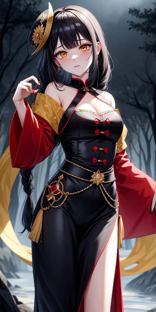 lora:flat:-1.2, masterpiece, best quality, 4k, 8k, 1 woman, solo, tall stature, long hair, blunt bangs, side braid, black hair, ugly face, bad face, bad eyes, droopy eyes, unclear eyes, ruby red eyes, lemon yellow eyes, pale skin, black eyeliner, black eye shadow, heterochromia, slender frame, sad, ofuda, jiangshi costume:1.2, fang, horror, coffin, forest, dark night, stormy weather, fog, from front, cowboy shot, look at viewer, paw pose,