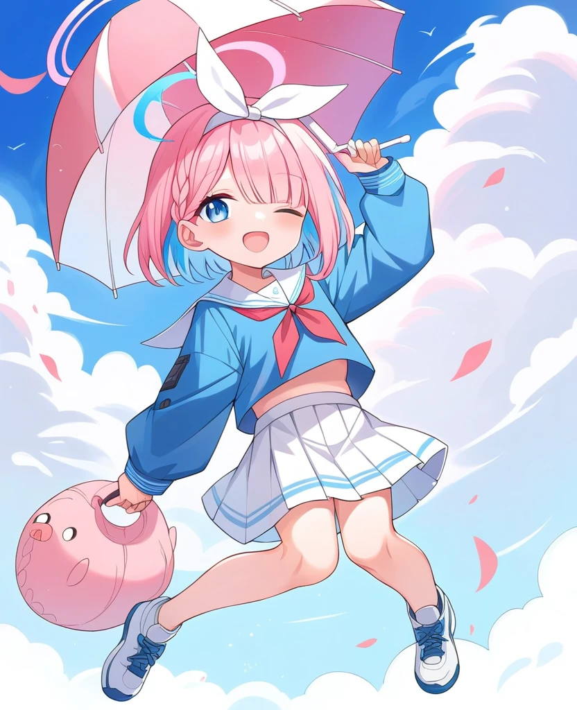 arona (blue archive), 1girl, solo, looking at viewer, smile, short hair, open mouth, bangs, blue eyes, skirt, shirt, long sleeves, holding, , blue hair, full body, pink hair, braid, multicolored hair, hairband, one eye closed, sky, shoes, serafuku, day, cloud, sailor collar, hair over one eye, two-tone hair, blue sky, neckerchief, umbrella, halo, white footwear, white skirt, cloudy sky, blue shirt, sneakers, white sailor collar, white hairband, colored inner hair, holding umbrella, bow hairband