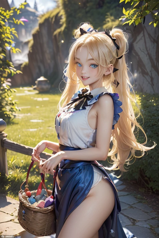 (perky chest:1.2), (pointed chest:1.2),(((Black Tunic:1.3))),(((cakes and bread in the basket),Cute and beautiful girl,Cute round face,Cute smile,with blush cheeks,Red Lip,a girl 22 years old, nsfw:1.2, beautiful body:1.3), shinny skin, BREAK, ((alice in the wonderland:1.3, cute, kawaii, lovely, funny, a girl falling down from sky:1.3, girl flying in sky:1.2, girl floating in air:1.3, rolling upskirt by wind:1.5, (with sparkling eyes and a contagious smile),open mouth, Looking at Viewer, surprised, putting hands on crotch over the skirts:1.35)), BREAK, ((floating things as follows:1.3, PlayingCards, Trump, tea cup, tea pot, tea spoons, pocket watch:1.3, lip sticks, candies:1.2, cookies, jam bottles, classical door_keys)), ((long purply_Blue dress :1.5, wearing long flaired skirt:1.3, the skirt is blowing:1.3, cute White Apron, black stockingedium long platinum-blonde hair:1.2, twin tail hair:1.6, tied hair with a cute ribbon), (Blue eyes, bright pupils with highlights, detailed eyes), (lying down on your back:0.7, spreading legs with rising up straight:0.7), sexy posture, fantastic colorful art, (fantasy art:1.2, wondered images), ((correct anatomy:1.5, perfect anatomy:1.3, correct hand, )),