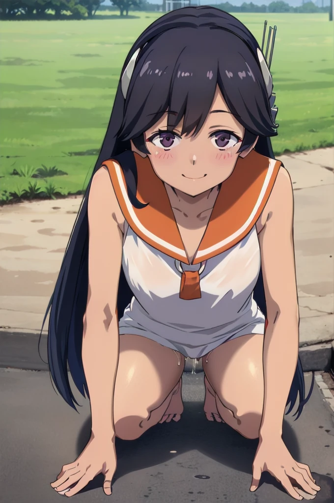 One Girl, alone, whole body, In-person audience, View your audience, smile, I400KC, Long Hair, White shirt, Sleeveless, Sleeveless shirt, headgear, , Sunburn, Sunburnlines, , Sailor shirt, Orange sailor collar,Completely naked,((nsfw))