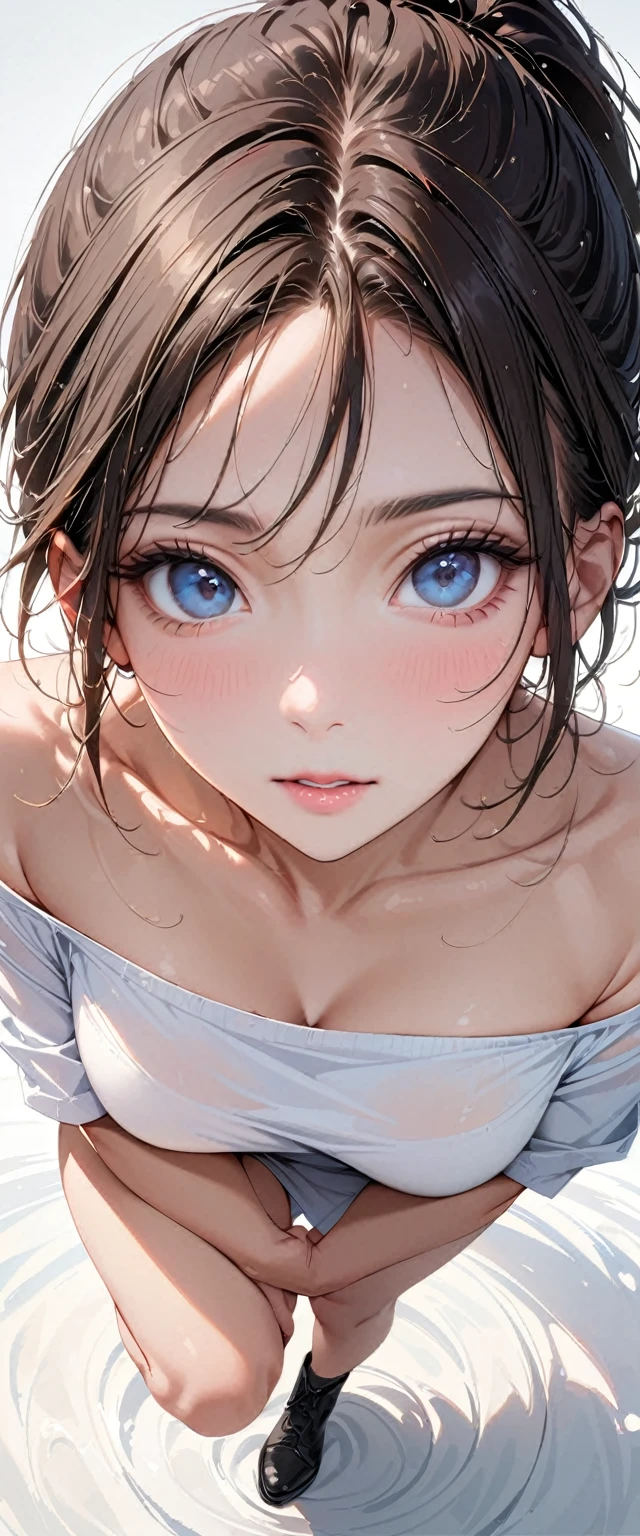 20 years old,1 mature woman,hyperrealistic, 8k, (extremely detailed 8k), (very delicate and beautiful), (masterpiece), (better quality:1.0), (ultra high resolution:1.0), (masterpiece, best quality),cute,black hair,ponytail,POV,,full body,white background,realistic skin,looking at viewer,off shoulder