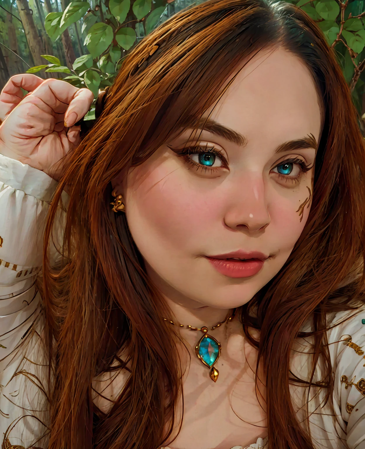 A beautiful dwarf female fantasy character, detailed facial features, glowing eyes, intricate hairstyle, ornate jewelry, elegant medieval dress, lush fantasy forest background, cinematic lighting, muted color palette, highly detailed, masterpiece, 4k